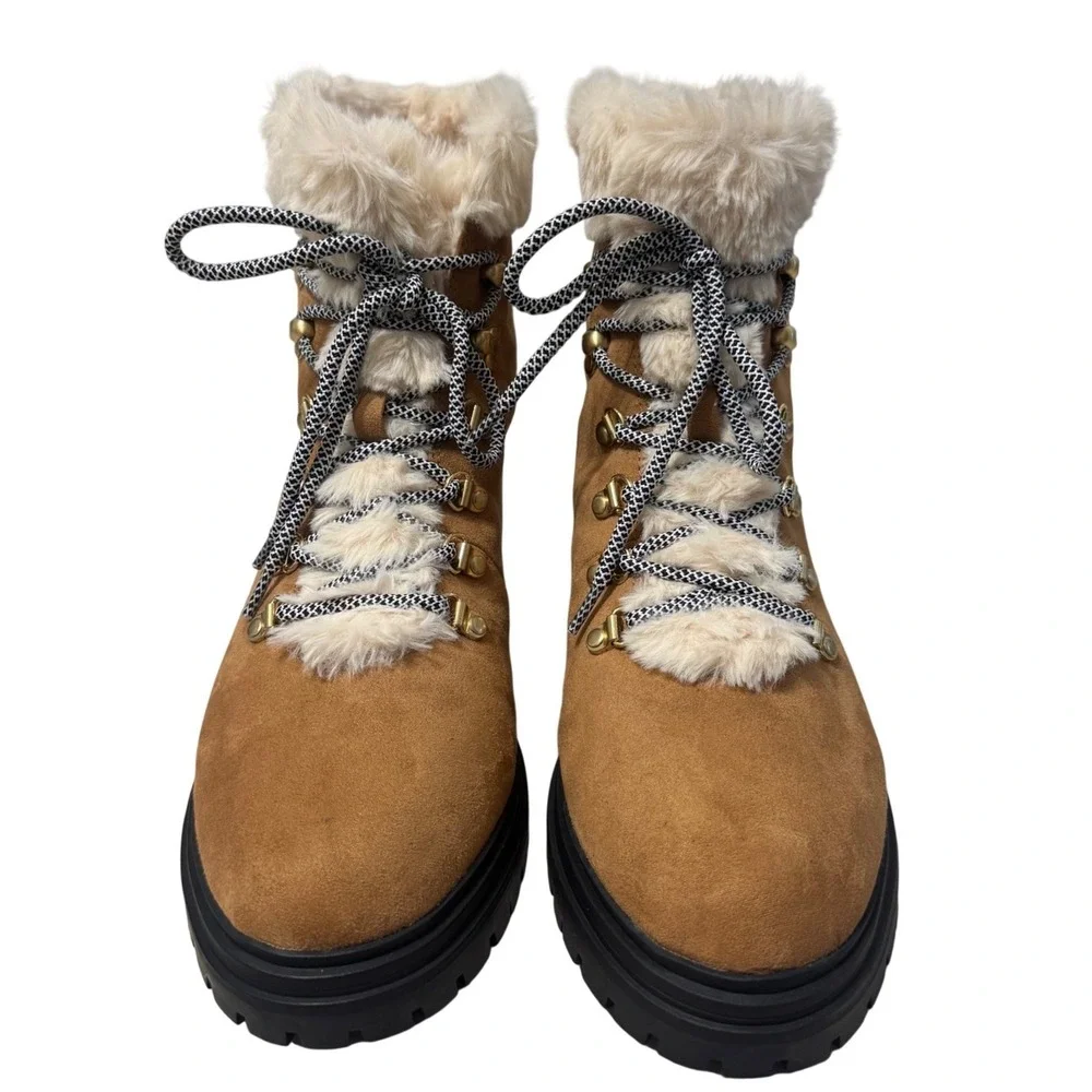 J. Crew Factory Hiking Boots Womens 9.5 Tan Excellent Faux Fur Lug Sole